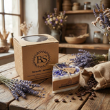 Heart-shaped candle with lavender and coffee beans on a wooden surface with 'BS Beauty Scents' packaging.