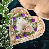 Large heart-shaped candle with blackberry decorations in a wooden heart gift box
