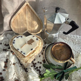 Coffee bean heart candle in eco-friendly wooden box, handmade and vegan