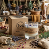 Scented soy candle in a glass jar with wildflower petals, packaged in kraft box, styled among dried herbs and flowers in a natural, rustic workspace.
